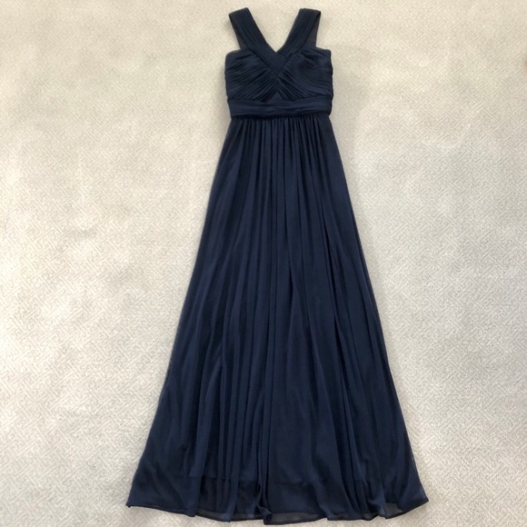 Alfred Sung Shirred Chiffon V-Neck Gown in Navy - Picture 3 of 6